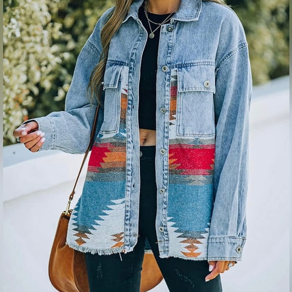 Aztec Print Denim Shacket - Picture 1 of 6